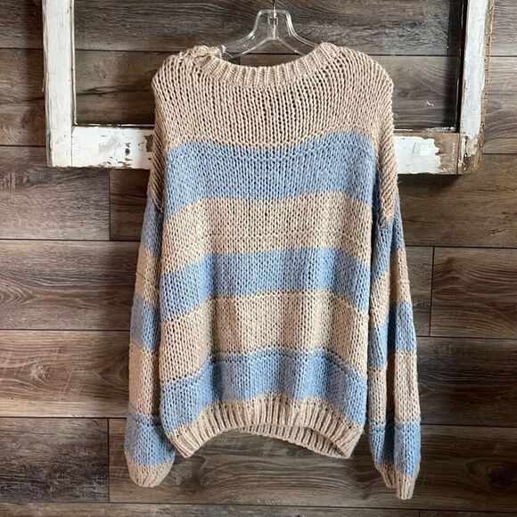 MIRACLE STRIPED ROUND NECK BUBBLE SLEEVE OVERSIZED CABLE KNIT SWEATER SZ M/L - Picture 5 of 9